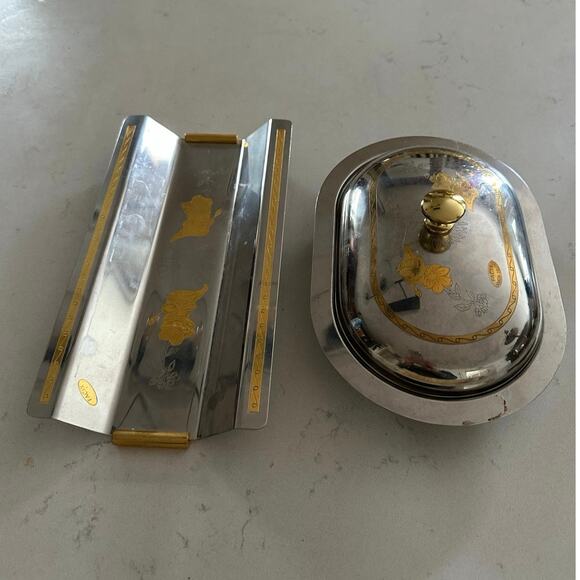 MCM Stainless Steel Lidded Butter Dish caviar cake tray set gold floral fasix - Picture 2 of 16
